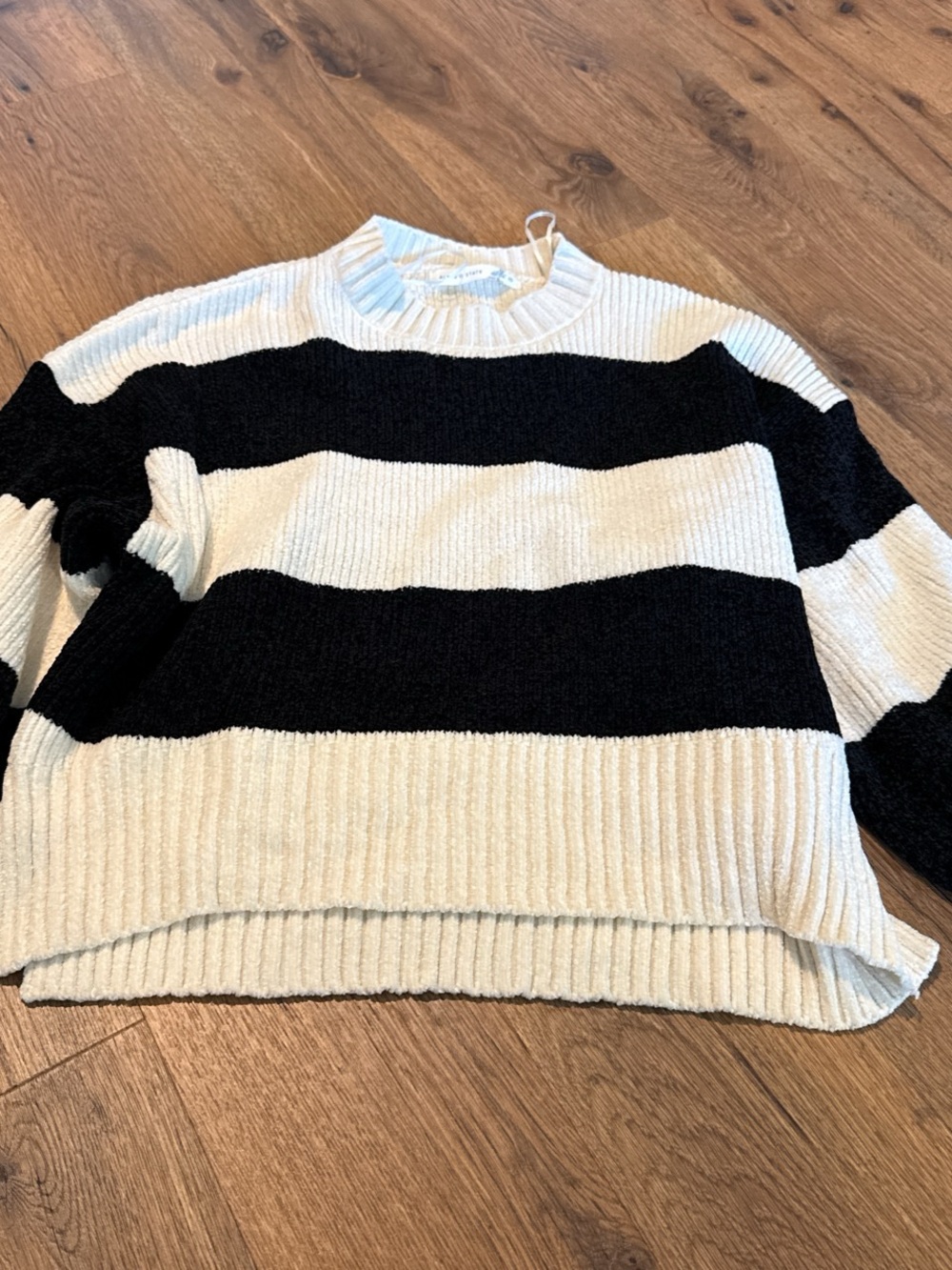 Altar'd State Black and Cream Wide Stripe Ribbed Crew Sweater